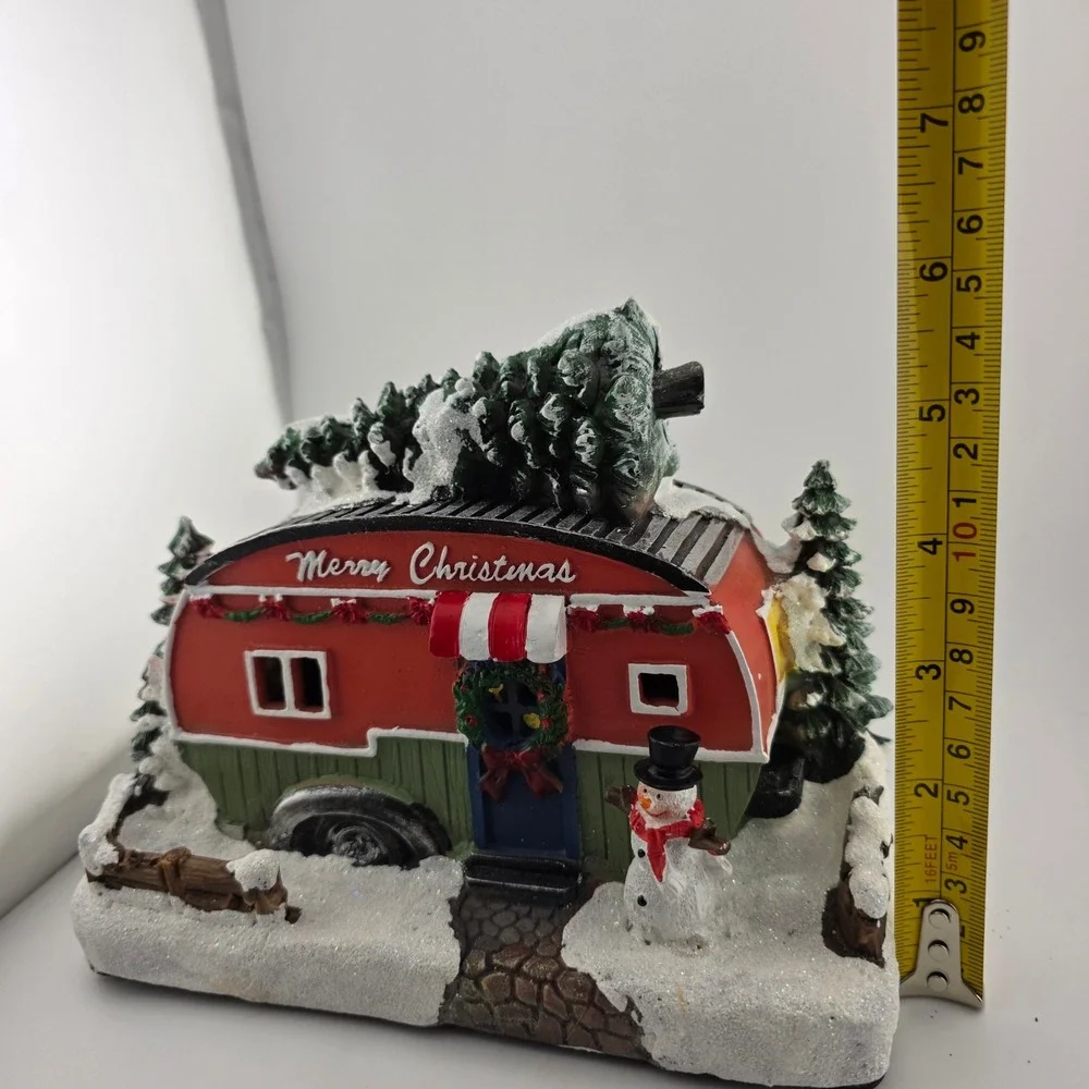 Christmas Camper Trailer Light Up Snowman Figurine Red Green Excellent Holiday